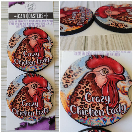 Crazy Chicken Lady Car Coaster - Set of 2