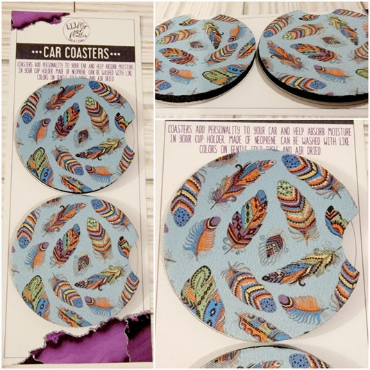 Blue Feathers Car Coaster - Set of 2