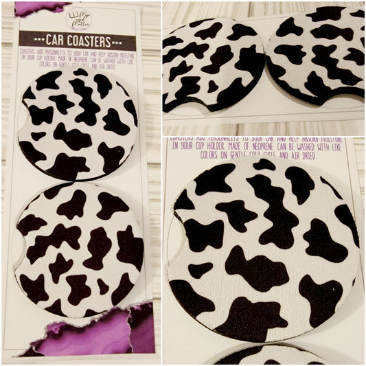 Black and White Cow Print Car Coaster - Set of 2