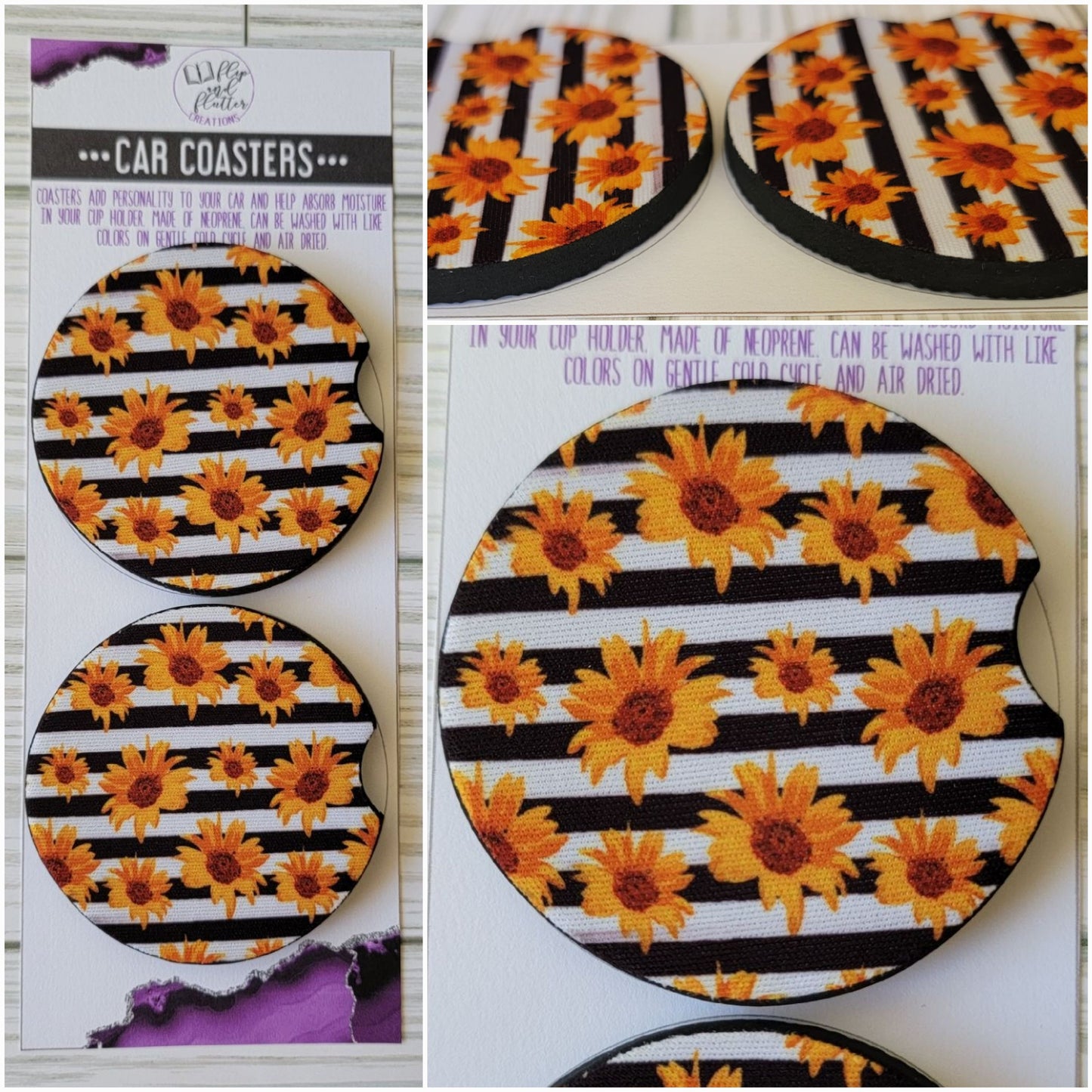 Sunflower Stripes Car Coaster - Set of 2