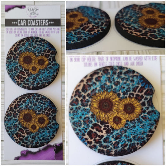 Blue Sunflower Cheetah Print Car Coaster - Set of 2