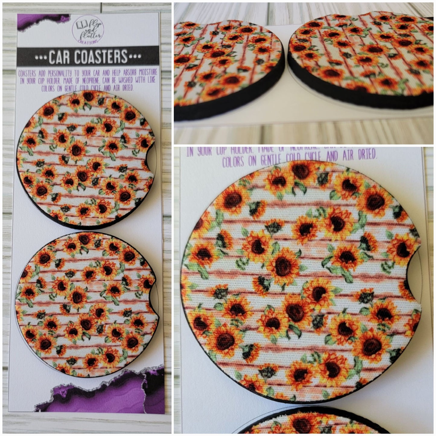 Thin Sunflower Strands Car Coaster - Set of 2